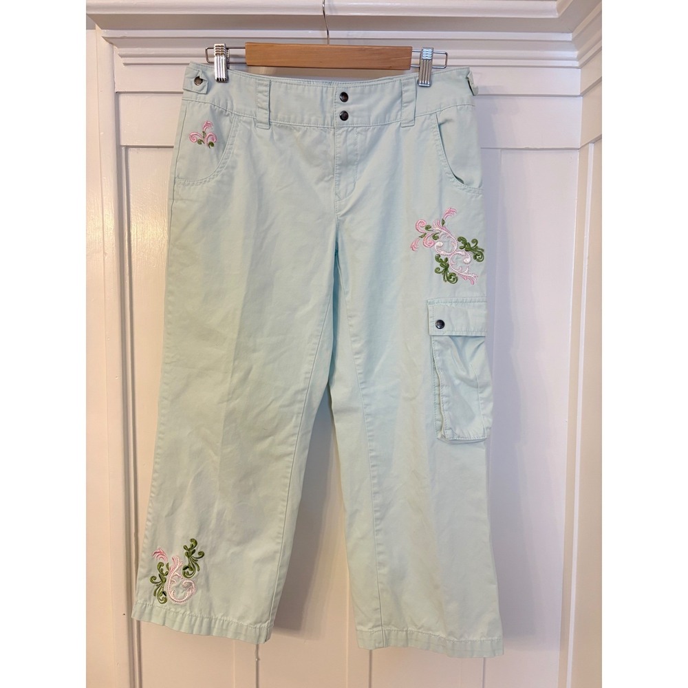 Tommy Hilfiger Mint Green Embroidered Crop Cargo Pants sz 8 Floral Y2K Flaws